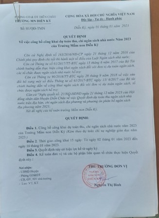 Quyết định về việc công bố công khai dự toán thu, chi ngân sách nhà nước năm 2023 của trường Mầm Non Diễn Kỷ