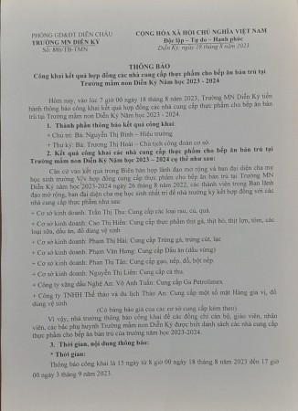 Thông báo công khai kết quả hợp đồng các nhà cung cấp thực phảm cho bếp ăn bán trú
