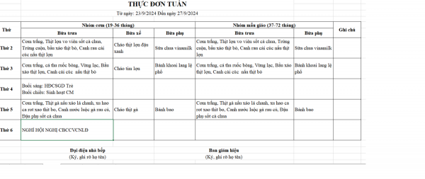 Thực đơn từ ngày 23-27 tháng 9