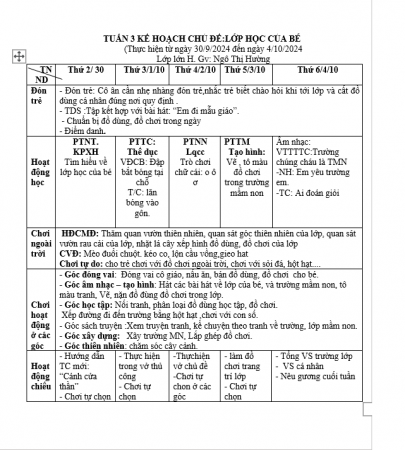 KH tuần 3 Trường Mầm non Lớn H