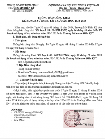 THÔNG BÁO CÔNG KHAI KẾ HOẠCH SỬ DỤNG TÀI TRỢ NĂM HỌC 2024 2025