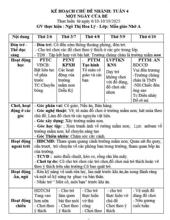 Kế hoạch tuần 4 chủ đề Trường mầm non lớp Nhỡ A (6/10-10/10)