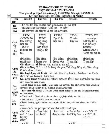 KẾ HOẠCH TUẦN 21, TRẺ E
