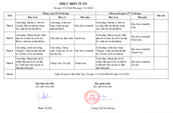 Thực đơn tuần 23 từ ngày 09/02 đến ngày 12/2/2026