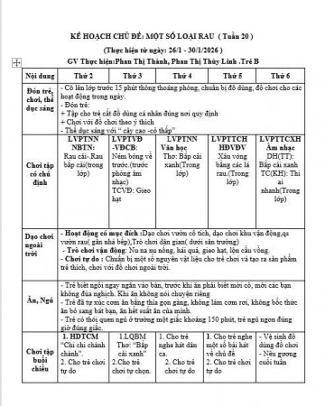 Kế hoạch tuần 20 cđ thực vật. từ 26-30/01/2026. Trẻ B