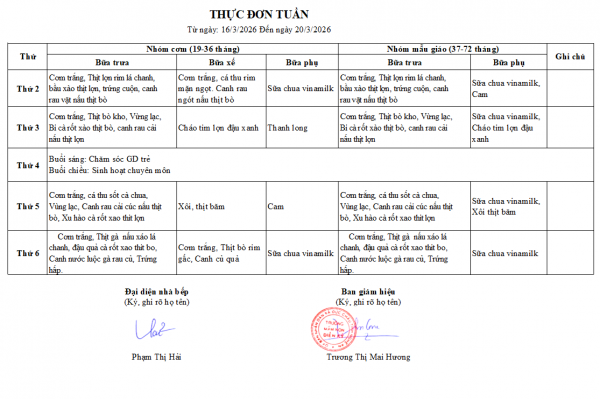 Thực đơn tuần 27 từ ngày 16/3 đến ngày 20/3