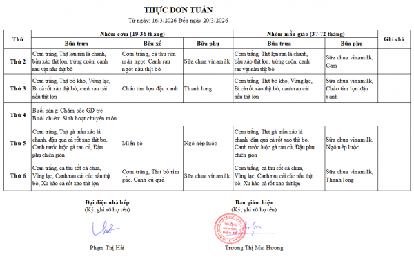 Thực đơn tuần 27 từ ngày 16/3 đến ngày 20/3