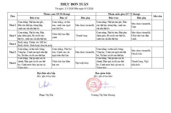 Thực đơn tuần 25 từ ngày 02/3 đến ngày 6/3