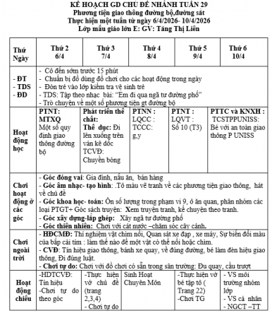 KẾ HOẠCH TUẦN 29 CHỦ ĐIỂM GIAO THÔNG LỚN E . LIÊN