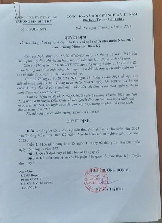 Quyết định về việc công bố công khai dự toán thu, chi ngân sách nhà nước năm 2023 của trường Mầm Non Diễn Kỷ