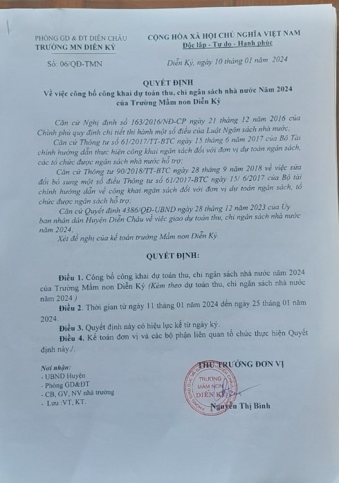 Quyết định vee việc công bố công khai dự tán thu, chi ngân sách nhà nước năm 2024