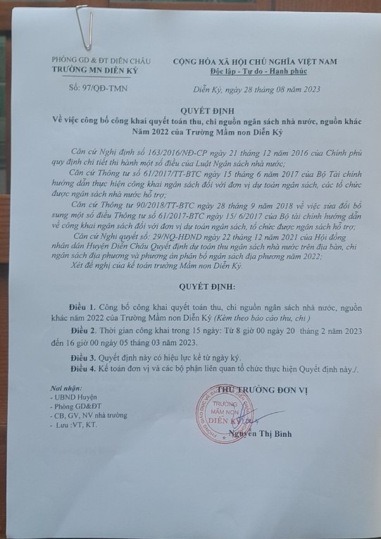 Quyết định công bố công khai quyết toán tài chính năm học 2022-2023