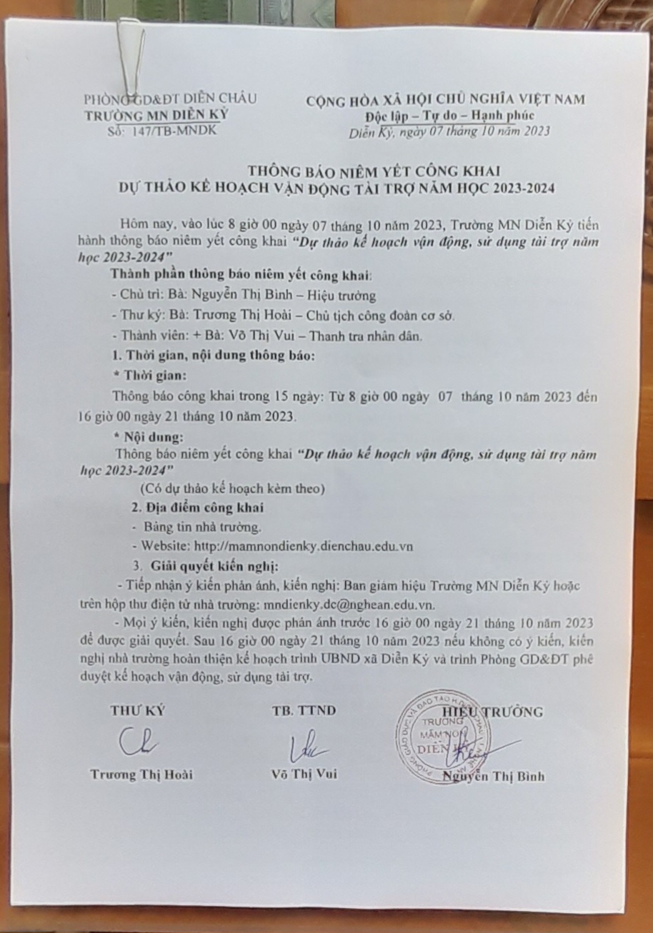 Thông báo niêm yết công khai "Phê duyệt kế hoạch vận động tài trợ năm học 2023-2024" của Phòng GD&ĐT