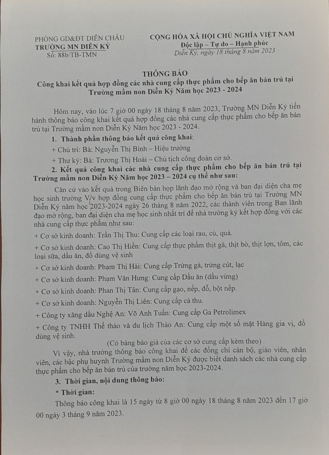 Thông báo công khai kết quả hợp đồng các nhà cung cấp thực phảm cho bếp ăn bán trú