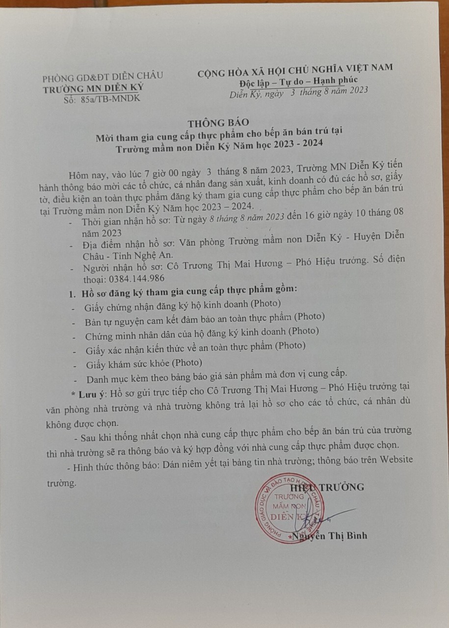 Thông báo mời tham gia cung cấp thực phẩm cho bếp ăn bán trú