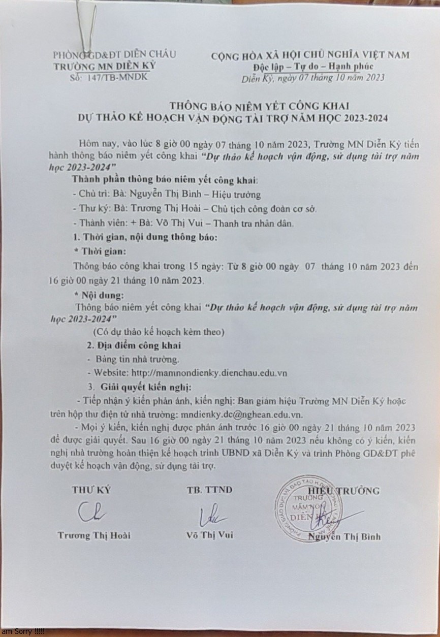 Thong bao niem yet cong khai du thao ke hoach VDTT nam hoc 23 24