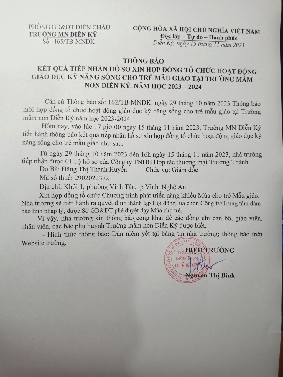 Kết quả tiếp nhận hồ sơ xin hợp đồng tổ chức hoạt động giáo dục  KNS  cho trẻ mẫu giáo tại trường Mầm non Diễn Kỷ năm học 2023 - 2024