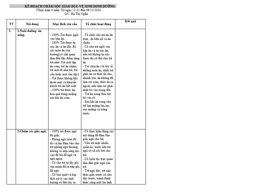 Kế hoạch chăm sóc giáo dục vệ sinh chủ đề gia đình Ngân Lớn D