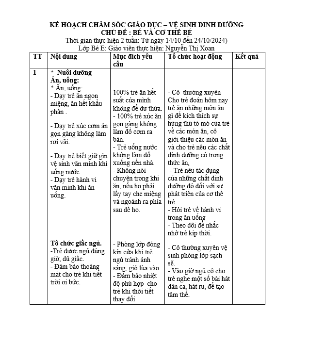 KH vệ sinh Bé E chủ đề Bản Thân