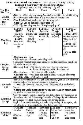 KHGD chủ đề các giác quan của bé, tuần 6 từ ngày 21 25 tháng 10