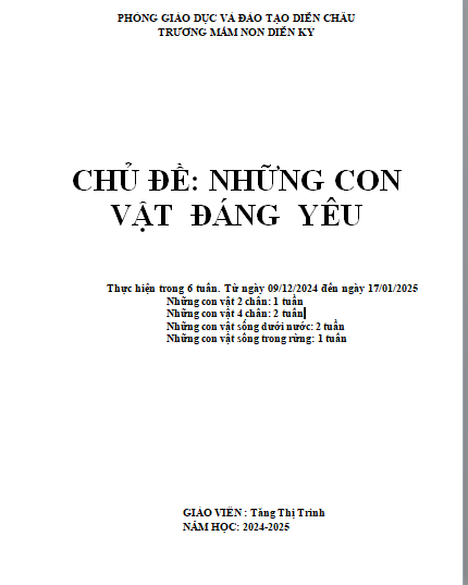 Kế hoạch chăm sóc giáo dục chủ đề: Những con vật đáng yêu từ ngày 09/12/2024 đến 17/01/2025. Trẻ A