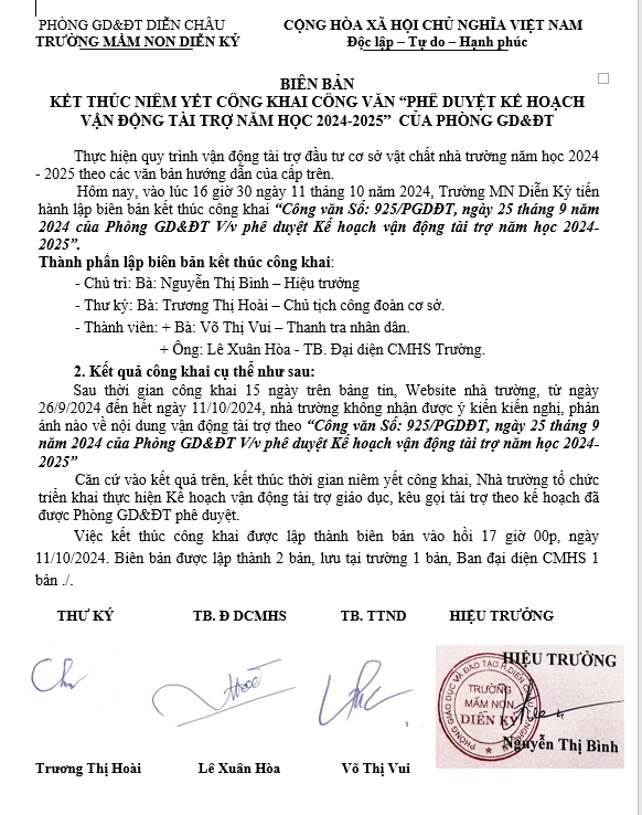 BIÊN BẢN KẾT THÚC CÔNG KHAI CÔNG VĂN PHÊ DUYỆT VẬN ĐỘNG TÀI TRỢ NĂM HỌC 2024 2025