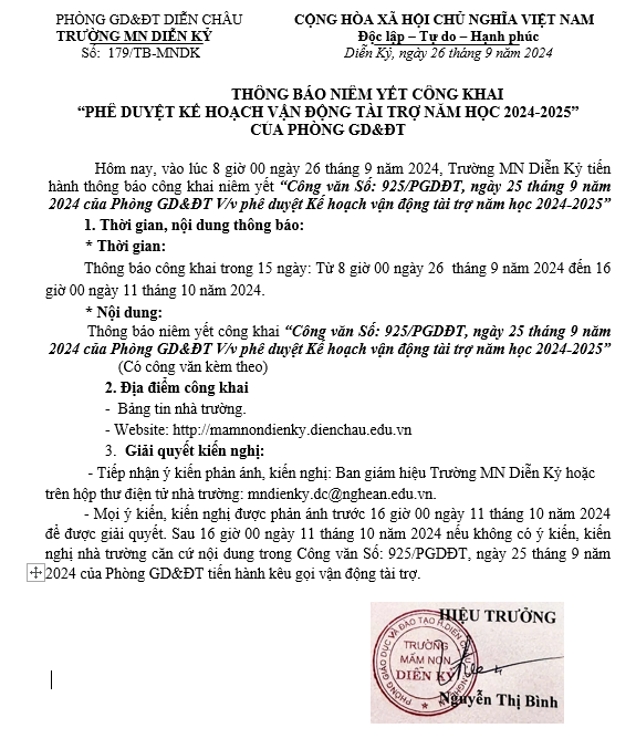 THÔNG BÁO CÔNG KHAI CÔNG VĂN PHÊ DUYỆT KẾ HOẠCH VẬN ĐỘNG TÀI TRỢ NĂM HỌC 2024 2025