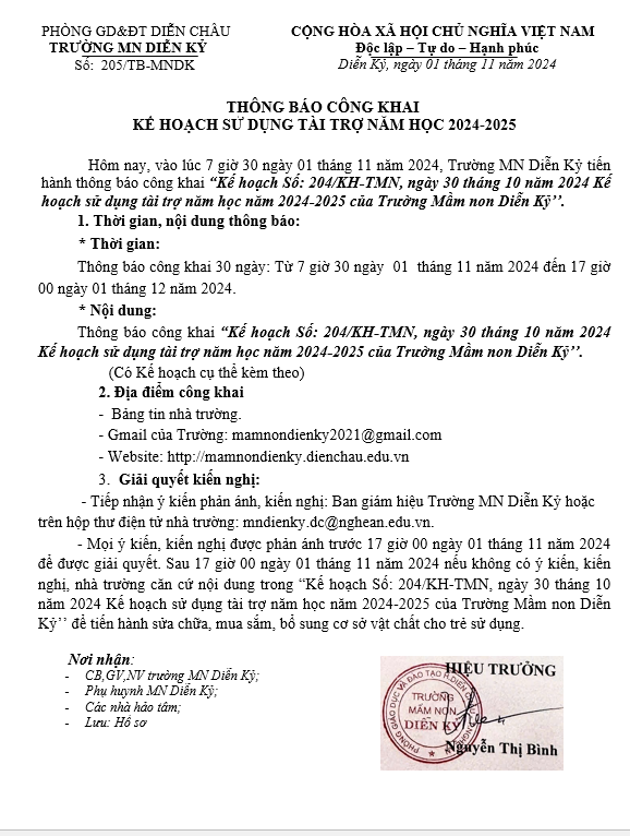 THÔNG BÁO CÔNG KHAI KẾ HOẠCH SỬ DỤNG TÀI TRỢ NĂM HỌC 2024 2025