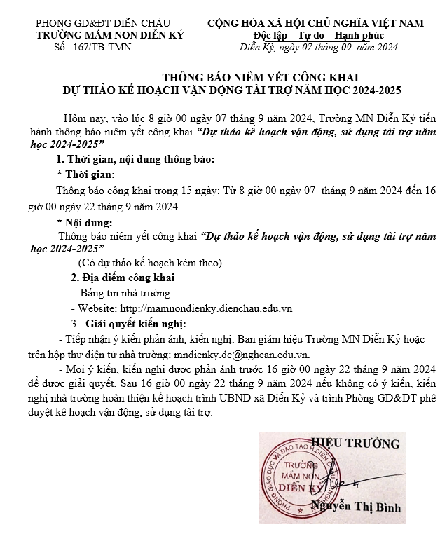 THÔNG BÁO NIÊM YẾT CÔNG KHAI DỰ THẢO KẾ HOẠCH VẬN ĐỘNG TÀI TRỢ NĂM HỌC 2024 2025