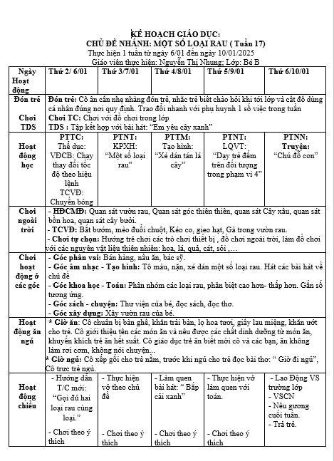 kế hoạch tuần 17,   bé B