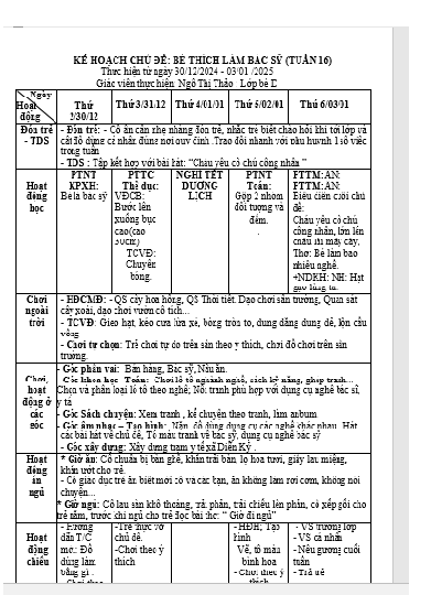 KHGDCĐ NHÁNH BÉ THÍCH LÀM BÁC SỸ, TUẦN 16