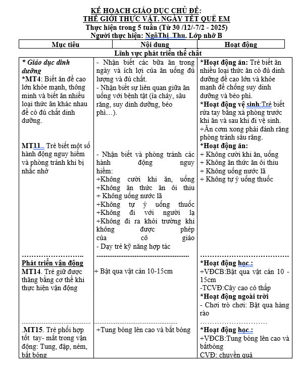 Kế hoạch chăm sóc giáo dục chủ đề Thực vật Nhỡ B (30/12/2024-7/2/2025)
