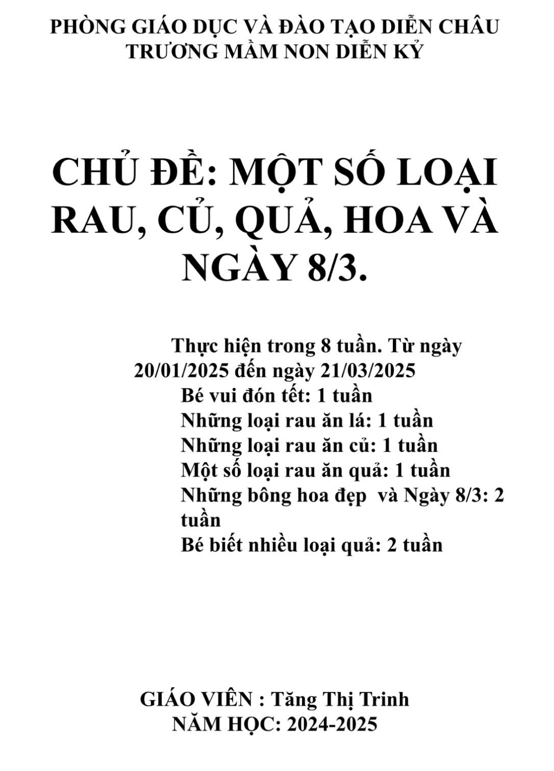 Kế hoạch: Một số loại rau, củ, quả và ngày 8/3. Từ ngày 20/1 đến 21/3/2025. Trẻ A