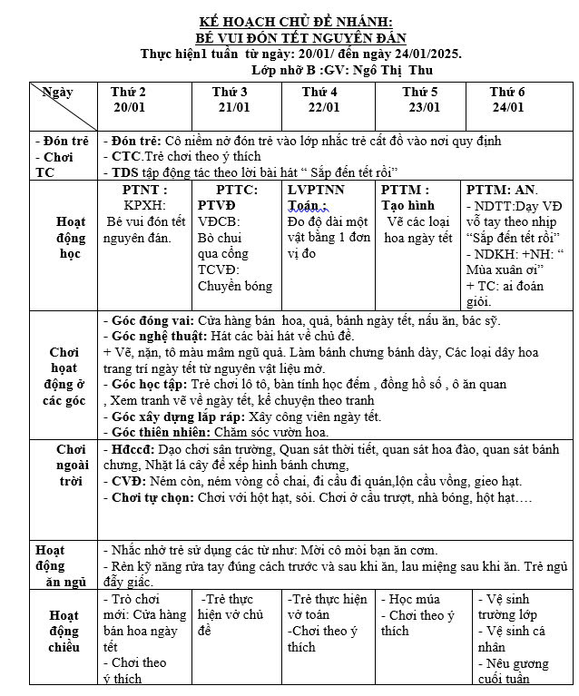 Kế hoạch tuần 19 chủ đề Thực vật- Tết và mùa xuân lớp Nhỡ B (20/01-24/01)