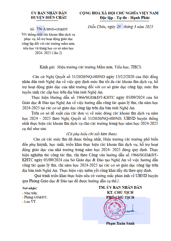 Công văn quy định múc thu các khoản thu dịch vụ