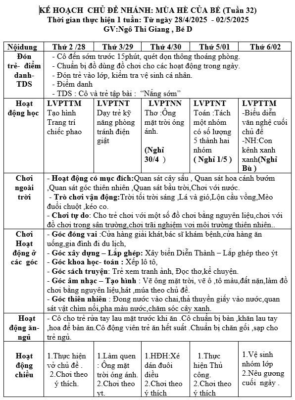 KHT32,nhánh mùa hè của bé ,từ 28 tháng 4 đến 2 tháng 5 năm 2025 ,bé d