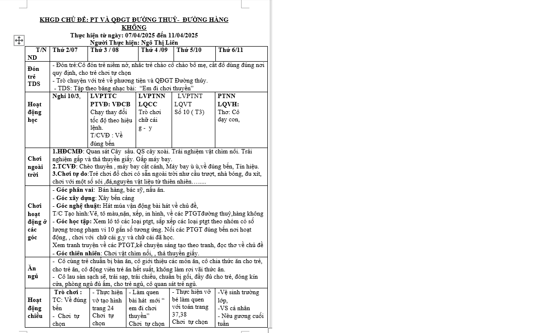 kế hoạch giáo dục chủ đề giao thông tuần 29 từ ngày 7/4 đến 11/4 LỚN G LIÊN