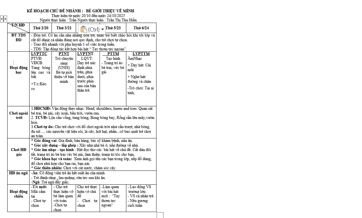 KẾ HOẠCH TUẦN 6 CHỦ ĐỀ BẢN THÂN TỪ NGÀY 20.10-24.10 NHỠ A