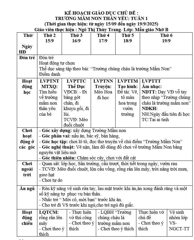Kế hoạch giáo dục tuần 1 chủ đề Trường mầm non Nhỡ B (15/9-19/9)