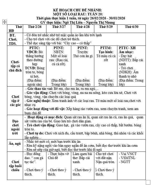 KẾ HOẠCH TUẦN 20, LỚP TRẺ E