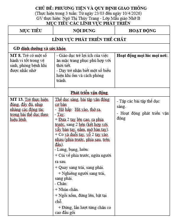 Kế hoạch chăm sóc giáo dục chủ đề Phương tiên giao thông lớp Nhỡ B (23/3-10/4/2026)