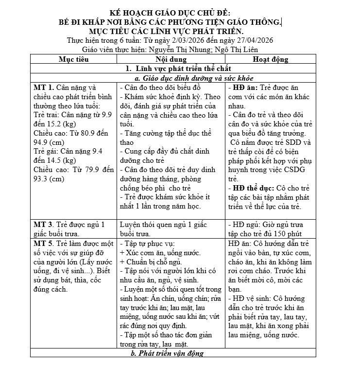 KẾ HOẠCH GIÁO DỤC CHỦ ĐỀ GIAO THÔNG, TRẺ E