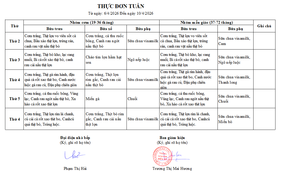 Thực đơn tuần 30 từ ngày 06/4 đến ngày 10/4