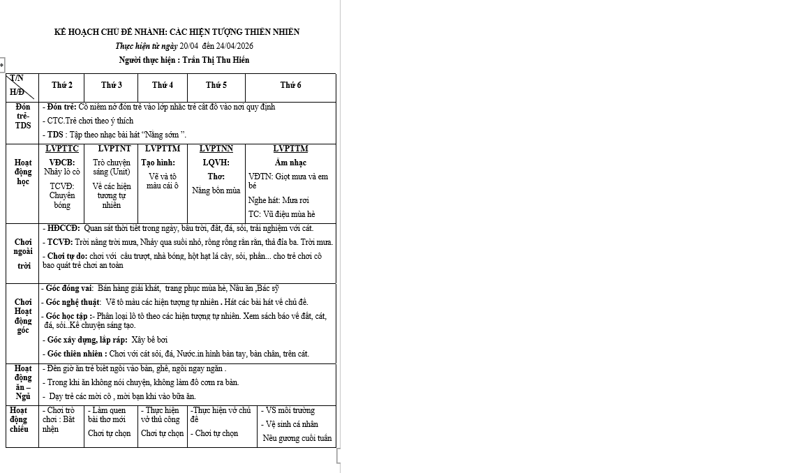 Kế hoạch tuần 31 chủ đề hiện tượng tự nhiên  nhỡ A