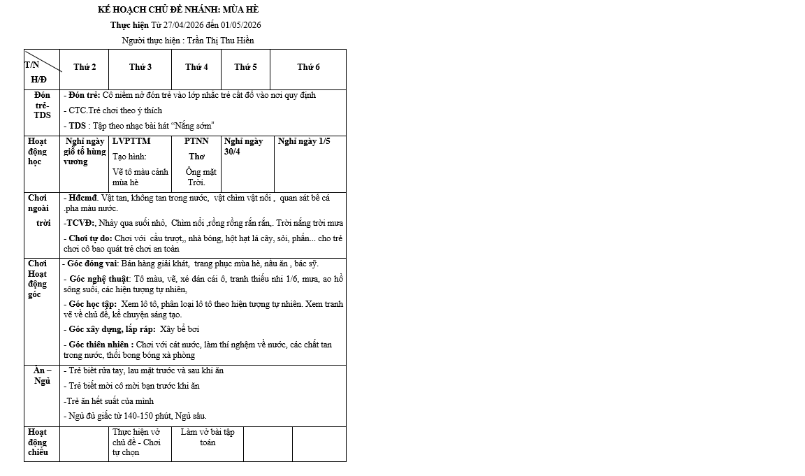 Kế hoạch gd tuần 32 chủ đề Nước và ht tự nhiên nhỡ A