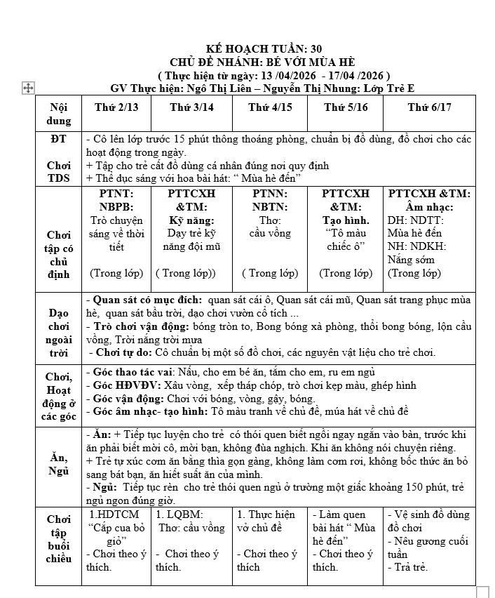 KẾ HOẠCH TUẦN 30, TRẺ E