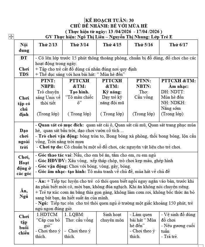 KẾ HOẠCH TUẦN 30, TRẺ E