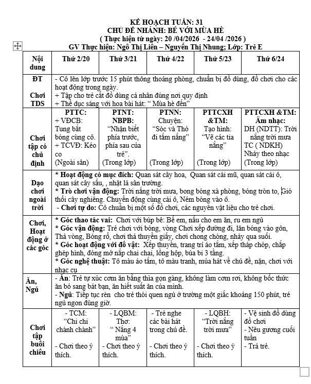 KẾ HOẠCH TUẦN 31, TRẺ E