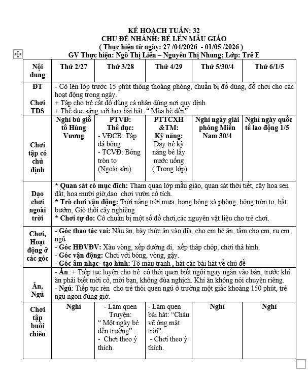 KẾ HOẠCH TUẦN 32, TRẺ E