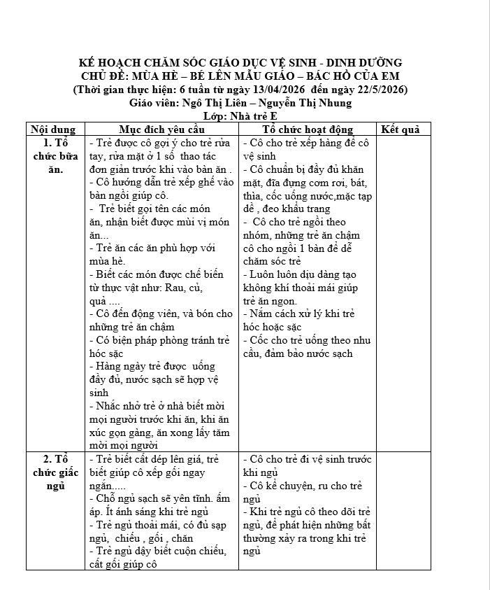 KẾ HOẠCH VSDD CHỦ ĐỀ MÙA HÈ, TRẺ E